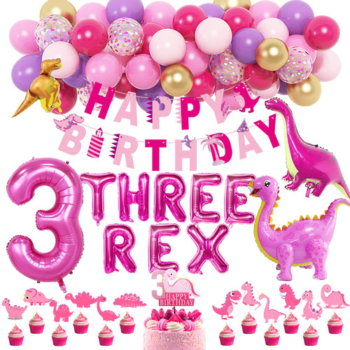 Amandir Pink Dinosaur Birthday Party Supplies, Three Dino-Rex Birthday Party Decorations for Girls Pink Dinosaur Balloon Banner Dino Cupcake Topper Dinosaur Decor 3rd Birthday Party Supplies Girl Baby