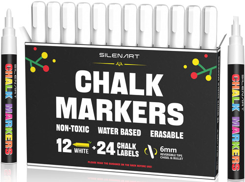 SILENART White Chalk Markers - 12 Pack - White Dry Erase Markers - Liquid Chalk Markers for Chalkboard Signs, Windows, Blackboard, Glass - 3-6mm Chisel Tip, 3mm Fine Tip