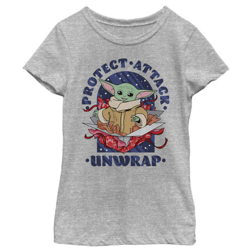 STAR WARS Mandalorian Christmas Protect Attack Unwrap Girls T-Shirt, Athletic Heather, X-Large