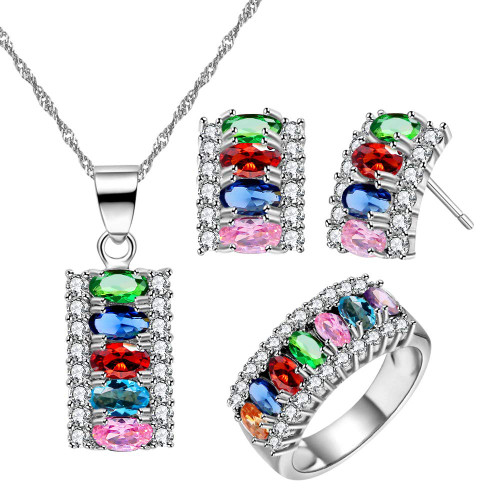 Uloveido Platinum Plated Cubic Zirconia Necklace/Stud Earrings/Ring Multicolor Crystal Costume Jewelry Set for Her T502 (Rainbow,Size 8) Uloveido Platinum Plated Cubic Zirconia Necklace/Stud Earrings/Ring Multicolor Crystal Costume Jewelry Set for Her T502 (Rainbow,Size 8)