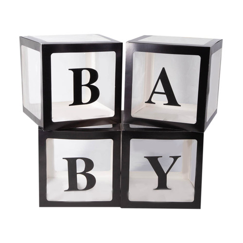 V-LIFE Baby Boxes with Letters for Baby Shower, 4 Transparent Balloon Boxes with Letters for Gender Reveal Birthday Wedding Baby Shower Decorations(Black)