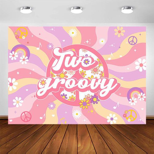 Avezano Two Groovy Backdrop Retro Hippie Groovy 2nd Birthday Party Photo Background Boho Groovy Rainbow Girls' Birthday Party Decorations Daisy Flower Cake Table Banner (7x5ft)