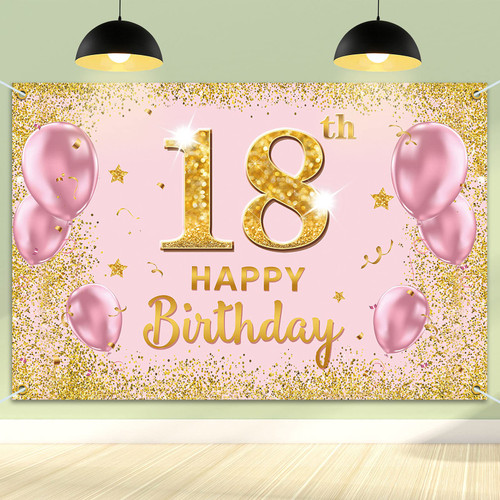PAKBOOM Happy 18th Birthday Backdrop Banner - 18 Birthday Party Decorations Supplies for Women - Gold Pink 3.9 x 5.9ft