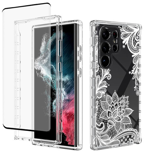 Tothedu Phone Case for Galaxy S23 Ultra 5G Case,Samsung S23 Ultra with Tempered-Glass Screen Protector, Clear Floral Pattern Full Body Protective Cover Cases for Samsung Galaxy S23 Ultra (Mandala)