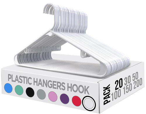 Utopia Home Plastic Hangers 20 Pack - Clothes Hanger with Hooks - Skirt Hangers - Durable & Space Saving Coat Hanger - Heavy Duty White Hangers for Coats, Skirts, Pants, Dress, Etc.