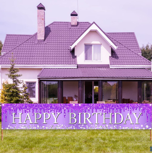 Purple Silver Happy Birthday Banner Decorations for Women Girls, Happy Birthday Yard Banner Sign Party Supplies, 16th 21st 30th 40th 50th 60th Bday for Outdoor Indoor
