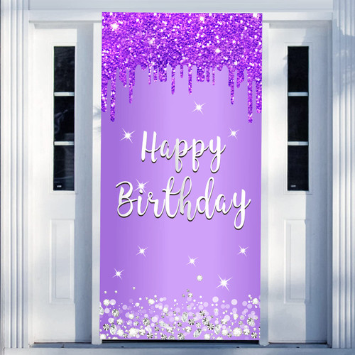 Kauayurk Purple Silver Happy Birthday Door Banner Decorations for Women, Birthday Door Cover Backdrop Party Supplies,Large 16th 21st 30th 40th 50th Birthday Poster Sign Decor, purple birthday