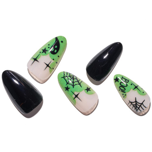 GLAMERMAID Halloween Press on Nails, Nude Gel Fake Nails Short Almond, Black French Tip Gothic Green Nail with Spider Web, Medium Oval False Nail Reusable Acrylic Stick on False Nail Kit for Women GLAMERMAID Halloween Press on Nails, Nude Gel Fake Nails Short Almond, Black French Tip Gothic Green Nail with Spider Web, Medium Oval False Nail Reusable Acrylic Stick on False Nail Kit for Women