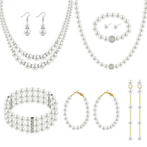 Bonuci 8 Pcs Pearl Necklace Pearl Earrings Pearl Bracelet Set 1920s Simulated Pearls Accessories Wedding Pearl Jewelry Set Christmas Gift for Women Mom Wife (Graceful Style) Bonuci 8 Pcs Pearl Necklace Pearl Earrings Pearl Bracelet Set 1920s Simulated Pearls Accessories Wedding Pearl Jewelry Set Christmas Gift for Women Mom Wife (Graceful Style)
