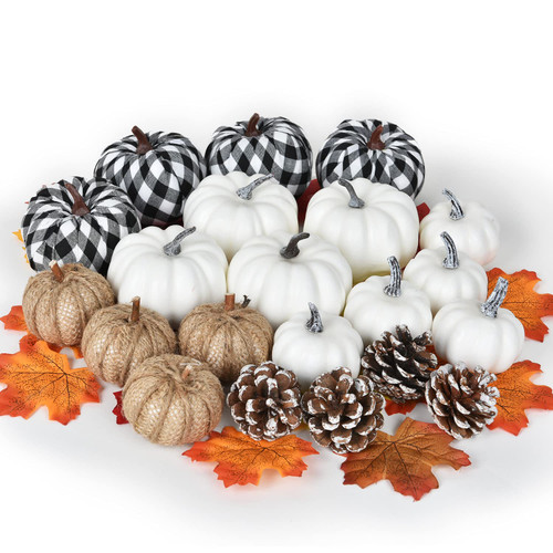 Artiflr 71 Pieces Artificial Pumpkins Maple Leaves Decoration Clearance, Fall Maple Leaves Velvet Pumpkin for Halloween Thanksgiving Autumn Festive Harvest Party Decor