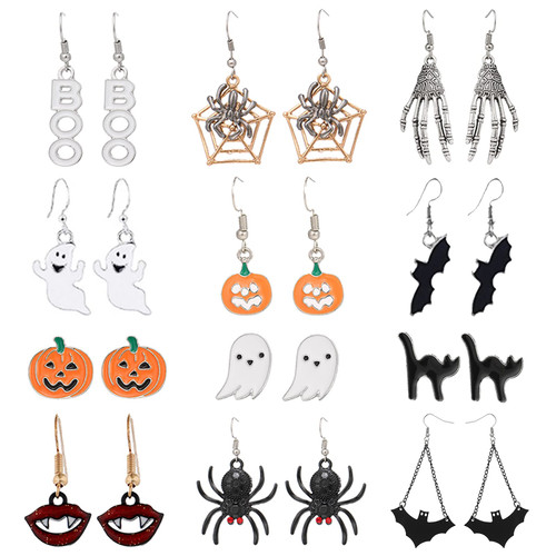12 Pairs Halloween Stud Earrings Sets Bat Cat Witch Stud Earrings Set Spider Web Pumpkin Skull Drop earrings Halloween Jewelry for Women