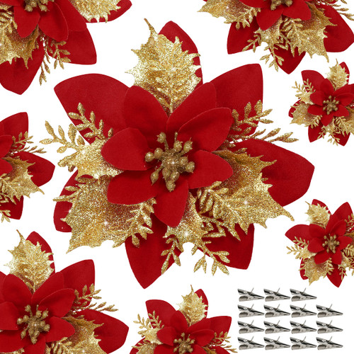 15 PCS Red Poinsettia Flower Artificial Poinsettia with Clips Christmas Decor Glitter Poinsettia Christmas Ornaments Christmas Tree Flower Decoration with Stems DIY Xmas Wreath Holiday Party Decor 15 PCS Red Poinsettia Flower Artificial Poinsettia with Clips Christmas Decor Glitter Poinsettia Christmas Ornaments Christmas Tree Flower Decoration with Stems DIY Xmas Wreath Holiday Party Decor