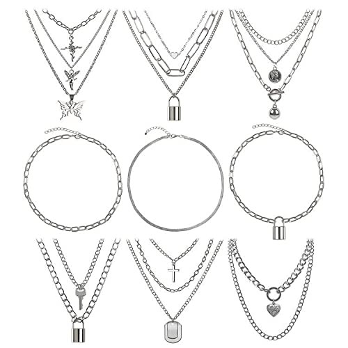 BVROSKI Chain Necklace 6-9 PCS Men Egirl Male Emo Goth Chains Statement Lock Key 1-4 Layered Pendants Necklace for Women Teen Girls Boys Eboy Long Multilayer Chains Punk Choker Silver Set