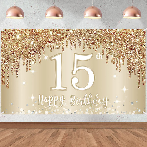 Happy 15th Birthday Banner Backdrop Decorations for Girls, Gold White Sweet 15 Birthday Sign Party Supplies, Fifteen Year Old Birthday Photo Booth Background Poster(72.8 x 43.3 Inch)