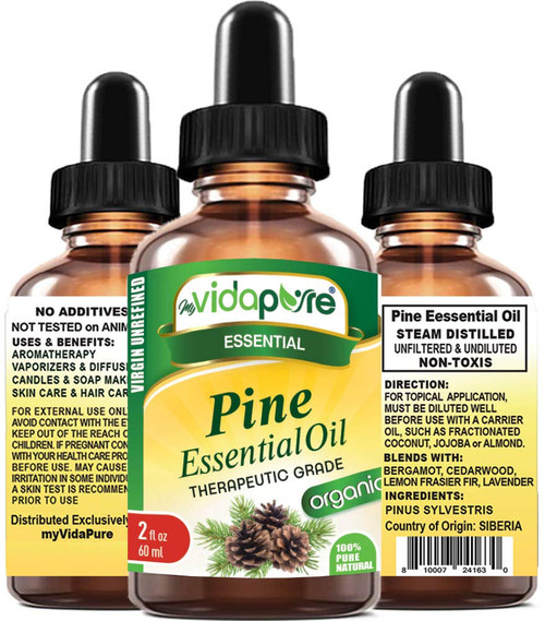 PINE ESSENTIAL ORGANIC OIL 100% PURE Natural Undiluted THERAPEUTIC GRADE ESSENTIAL OIL 2 Fl.oz.- 60 ml for Aromatherapy, Soaps, Candles, Diffuser & Reed Diffusers by myVidaPure