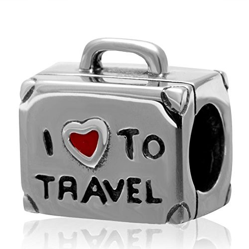 Suitcase Charm with Red Enamel Heart Charm 925 Sterling Silver I Love to Travel Charm Luggage Charm for Pandora Bracelet (A)
