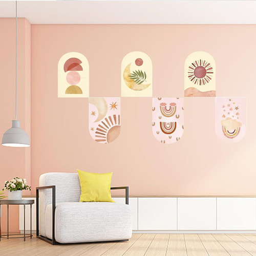 PLIGREAT 6 Pcs Boho Stlye Sun Moon Star Wall Stickers, Peel and Stick Wall Decals, Removable Vinyl Wall Sticker for Nursery Playroom Bedroom Living Room Wall Decorations Home Indoor Wall Art Decor