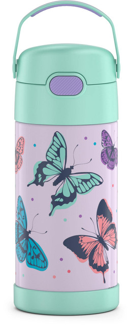 THERMOS FUNTAINER 12 Ounce Stainless Steel Vacuum Insulated Kids Straw Bottle, Butterfly Frenzy
