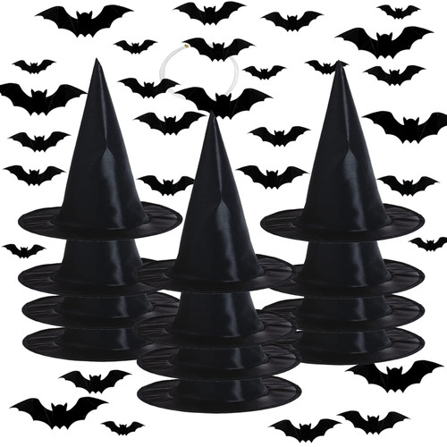 Halloween Witch Hats for Halloween Decoration, 12PCS Black Witch Hats, 32PCS 3D Bats, Black Witch Hats Hanging, Witch Cap Accessory for Halloween