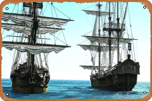 muecddoa Two Wooden Sailing Ships Warships Navy Historic Retro Vintage Decorative Metal Tin Sign 8x12 Inch