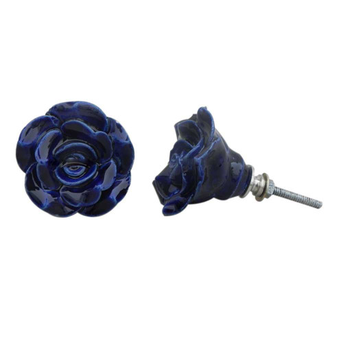 Indian Shelf 2 Pieces Cabinet Knobs | Rose Farmhouse Drawer Knobs | Furniture Knobs for Dresser Blue | Kitchen Knobs and Pulls Ceramic | Drawer and Cabinet Pulls | Western Door Knobs