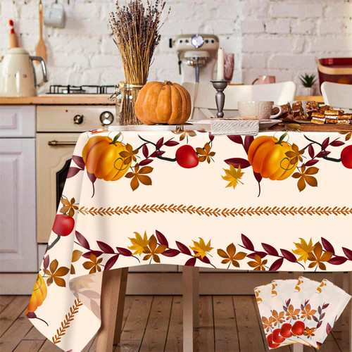 4 Pack Thanksgiving Fall Tablecloths, Pumpkin Maple Leaves Table Cloth Disposable Plastic Autumn Harvest Thanksgiving Table Cover Kitchen Table Decorations for Dinner Holiday Party, 54 x 108 Inch