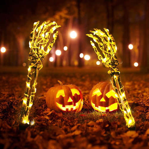 Halloween Decorations Outdoor Lighted Skeleton Hands and Arms, 2 Realistic Life Size Scary Halloween Skeleton Hand Arm Bone Stakes with 48 LED Lights, Light Up Graveyard Pathway for Halloween Decor