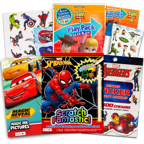 Superhero Scratch Art for Boys Kids Toddlers -- 4 Pc Scratch Books and Imagine Ink Mess-Free Coloring for Kids Featuring Marvel Spiderman, Toy Story, and Disney Cars with Avengers Stickers (Activity Books for Kids)