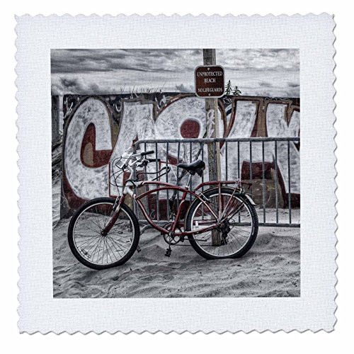3dRose qs_98405_1 Red Bicycle on The Sand at The Beach-Quilt Square, 10 by 10-Inch