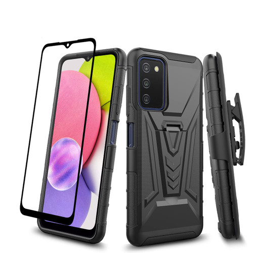 Galaxy Wireless Phone Case for Galaxy A03s Case, Samsung Galaxy A03s Case with Tempered Glass Screen Protector Hybrid Cover with Kickstand Phone Belt Clip Holster - Black