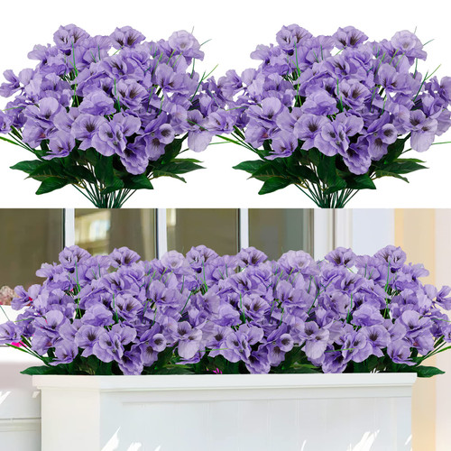 TOCHGREEN Artificial Fake Flowers Outdoor UV Resistant Artificial Pansies Wild Flowers Daisy 6 Bundles Faux Silk Flowers for Outdoors Garden Porch Window Box Home Wedding Farmhouse Decor (Purple)