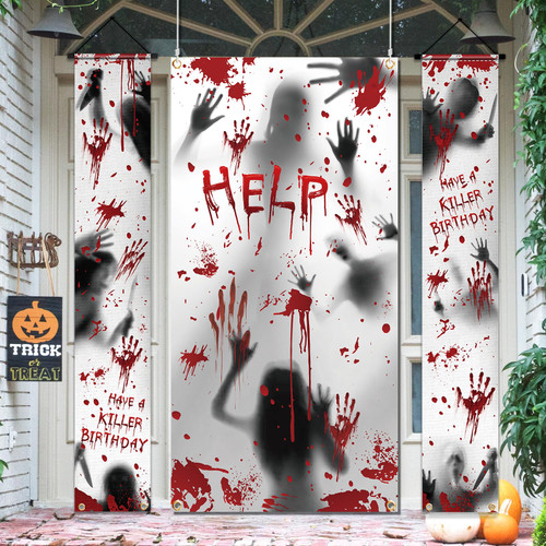 Have a Killer Birthday Decoration,3pcs Bloody Door Cover Horror Themed Birthday Porch Sign Banner Bloody Handprint for Halloween Party Horror Movie Birthday Decorations