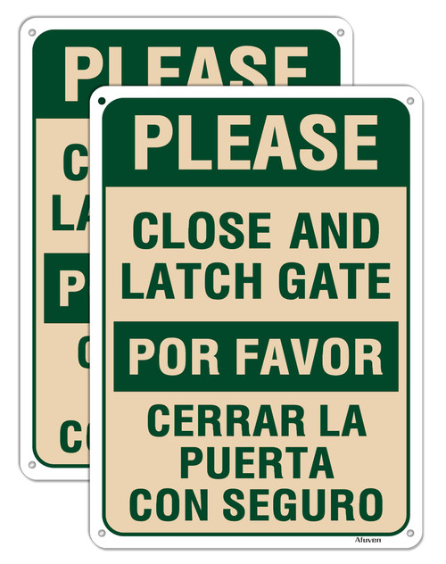 Please Close and Latch Gate Sign Bilingual English Spanish Keep Gate Closed Signs Metal 10" x 7" Door Closed Signs Reflective Sturdy Rust Aluminum Weatherproof Easy to Install 2 Pack