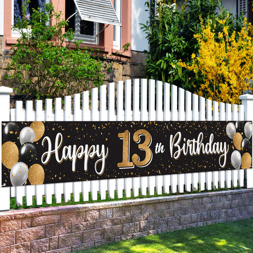 Nelbiirth Happy 13th Birthday Black & Gold Yard Sign Banner - Cheers to Thirteen Years Old Birthday Home Outdoor Photoprop Backdrop, 13th Birthday Party Decoration.(9.8ft x 1.6ft)