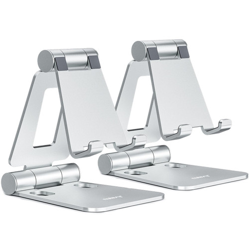 Nulaxy 2 Pack Dual Folding Cell Phone Stand, Fully Adjustable Foldable Desktop Phone Holder Cradle Dock Compatible with Phone 14 13 12 Pro Xs Xs Max Xr, All Phones, Silver