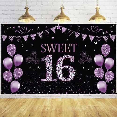 Trgowaul Sweet 16 Birthday Decorations Banner Girls, Purple Sweet 16th Backdrop Birthday Party Sign Supplies, Sweet Sixteen Year Old Poster Background Photo Booth Props Decor, Sweet 16 Decorations