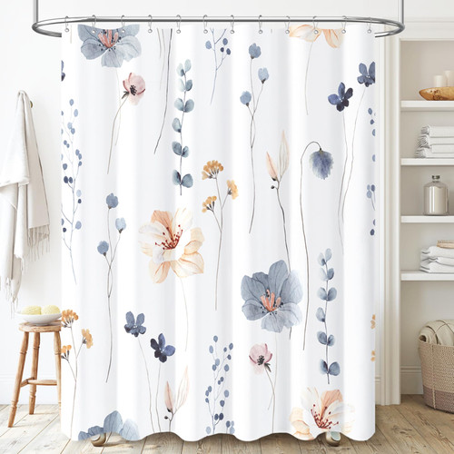 BTTN Floral Shower Curtain - Blue Beige Watercolor Flower Leaves Fabric Shower Curtain Set with Plastic Hooks, Modern Minimalist Decorative Waterproof Cloth Shower Curtains for Bathroom Decor, 72x72