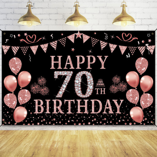 Trgowaul 70th Birthday Decorations for Women - Rose Gold 70th Birthday Banner Backdrop 5.9 X 3.6 Fts 70th Birthday Party Suppiles Photography Supplies Background Happy 70th Birthday Banner