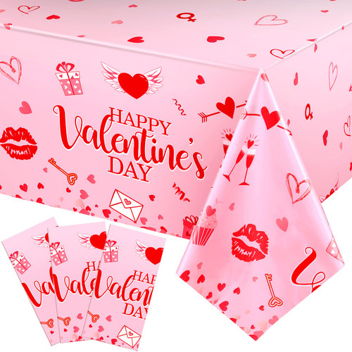 3 Pack Valentine's Day Tablecloth Valentine Tablecloth Valentines Day Party Decoration Plastic Rectangular Love Heart Table Cover Valentines Day Wedding Anniversary Birthday Decor 54 x 108 Inch