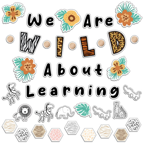Ctosree 134 Pcs Simply Safari We are Wild About Learning Bulletin Board Set with Sweet Leaf Flower Wood Bead Animals Cutouts Boho Neutral Classroom Bulletin Board for Classroom Bulletin Board Decor