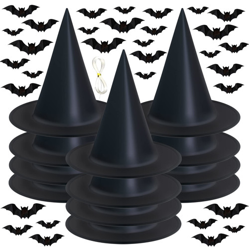 Dokeawo Witch hat 12 Pack Halloween Witches Hat with 108 Feet Hanging Rope 32Pcs 3D Bats, Halloween Hanging Witch Hat Decorations Costume Accessory for Halloween Party Favor