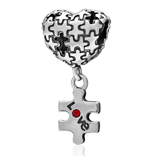 Red Heart Love Dangle Charn 925 Sterling Silver Beads Autism Awareness Puzzle Dangle fit for DIY Charms Bracelets