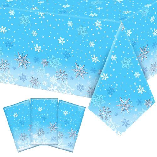 Kajaia 3 Pieces Christmas Snowflake Tablecloth Winter Frozen Plastic Tablecloth Blue and White Snowflake Rectangle Table Cover Winter Decorations for Christmas Party Table Decor, 51 x 86.6 Inch