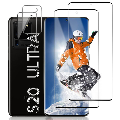 OuYteu [2+2 Pack]Galaxy S20 Ultra 5G Screen Protector with Camera Lens Protector, 9H Hardness Tempered Glass Ultrasonic Fingerprint Support 3D Curved No Bubbles for Samsung Galaxy S20 Ultra 6.9 Inch