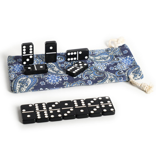 Dominoes Set For Adults, Double 6 Domino&Tile Games, 28 Large Size 2 Inch Tiles, Black with White Dots, Blue Canvas Bag and English Description, Portable Family/Travel Board Game (2-4 Players)