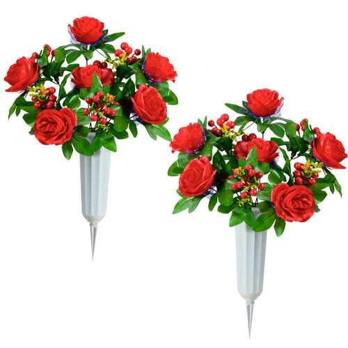 XONOR Artificial Cemetery Flowers with Vase, Set of 2 Artificial Roses with Red Berries Grave Memorial Flowers for Cemetery Headstones Decoration (Red, Self-Assemble)
