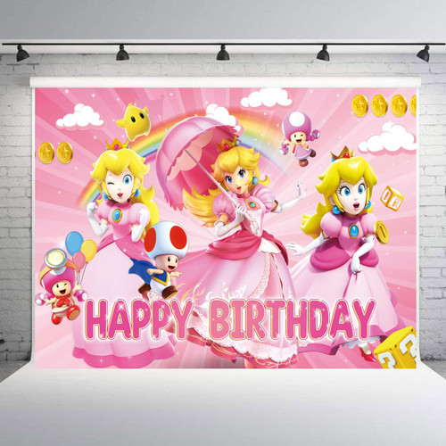 Princess Peach Backdrop,Peach Princess Birthday Party Supplies Mario Theme Birthday Party Banner Background for Girls(5X3ft)