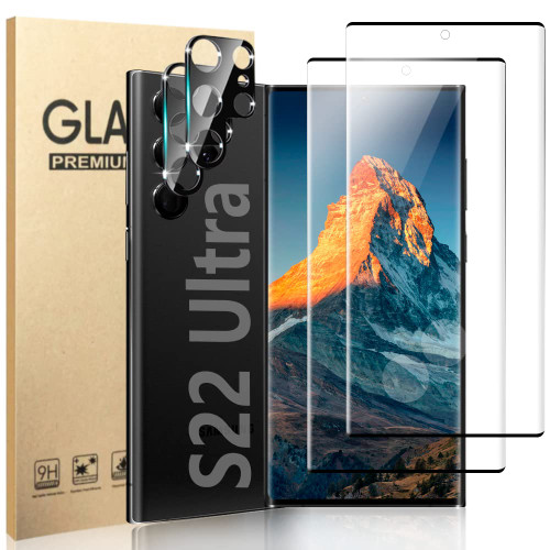 [2+2 Pack] Galaxy S22 Ultra Screen Protector, 9H Tempered Glass, Ultrasonic Fingerprint Support, Scratch Resistant, 3D Curved, HD Clear for Samsung Galaxy S22 Ultra 5G 6.8 Inch Glass Screen Protector