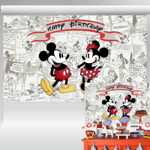 Classic Mickey and Minnie Backdrop Vintage Comic Background Birthday Party Supplies Retro Red Mouse Banner for Cake Table 5x3 ft 51