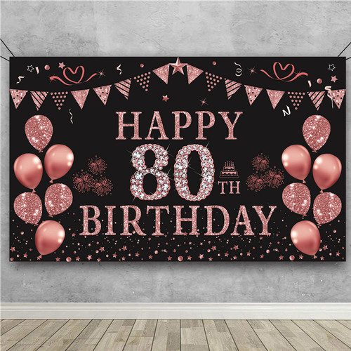 Trgowaul 80th Birthday Decorations for Women Rose Gold Birthday Backdrop Banner 5.9 X 3.6 Fts Happy 80th Birthday Party Suppiles Photography Supplies Background Happy 80th Birthday Decoration